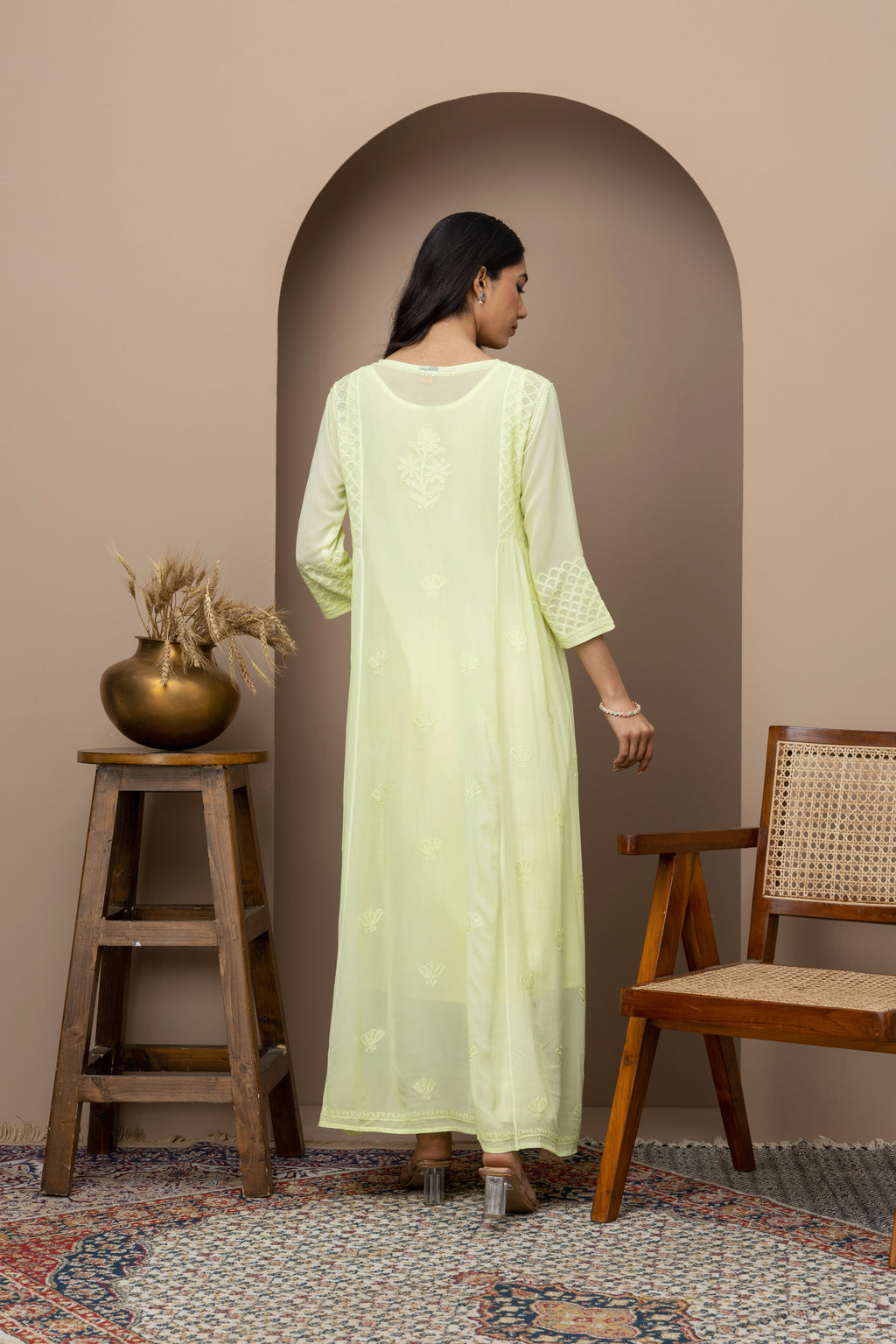 green long dress+chikankari