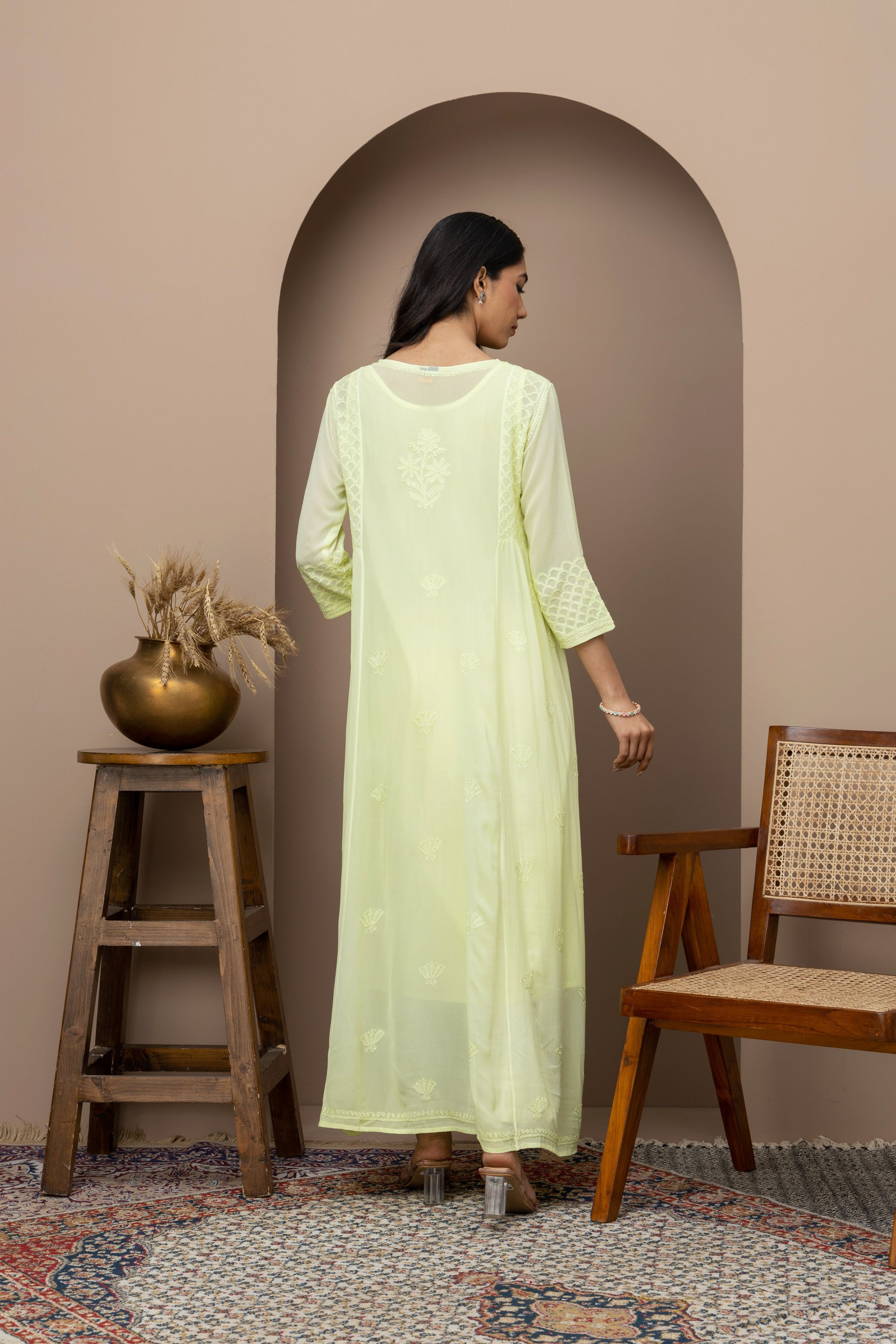 green long dress+chikankari