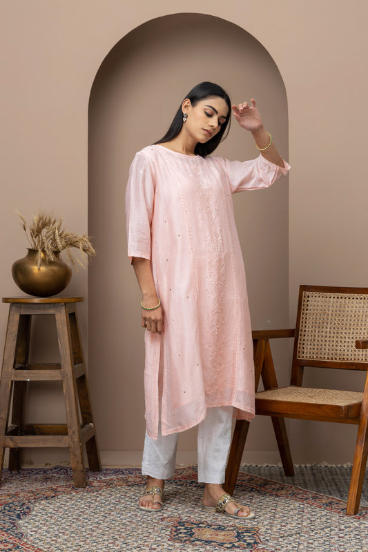 Blush Pink Chikankari Kurti in Soft Fabric