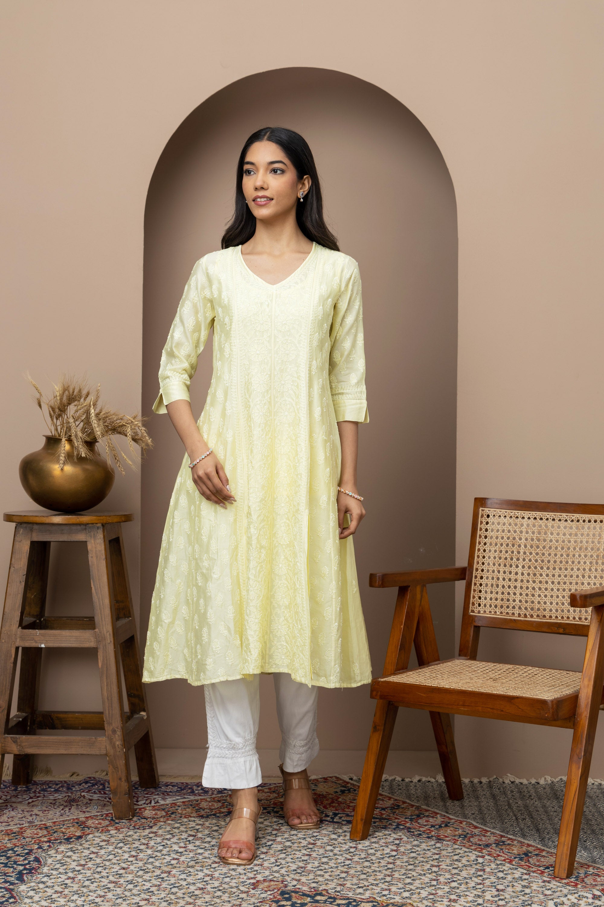Pastel Yellow Chikankari Cotton Kurti – Elegant Handcrafted Lucknowi Embroidery