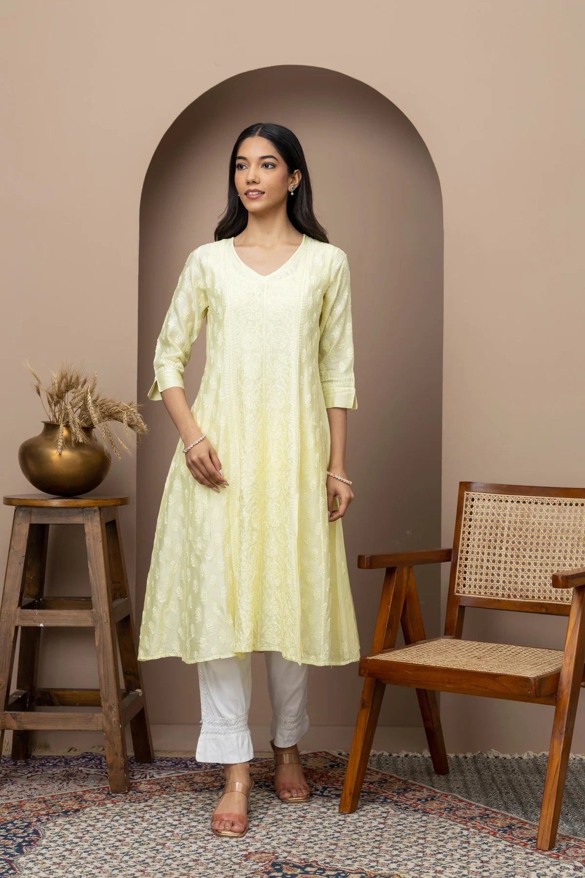 Peach Chanderi A-Line Stitched Anarkali with Slip & Chikankari – Timeless Grace