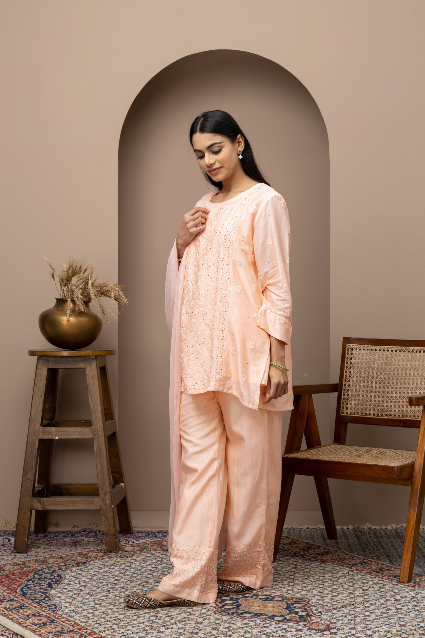 Peach Chanderi silk kurti+pant