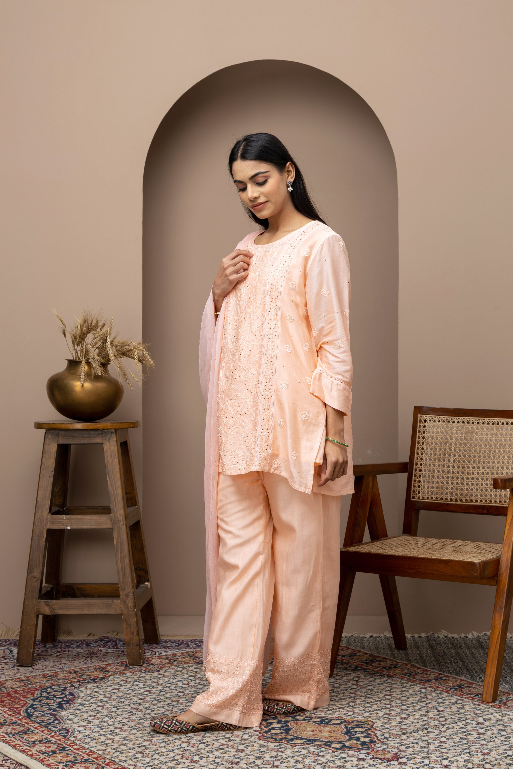 Peach Chanderi Silk Kurti with Pant – Subtle Festive Elegance