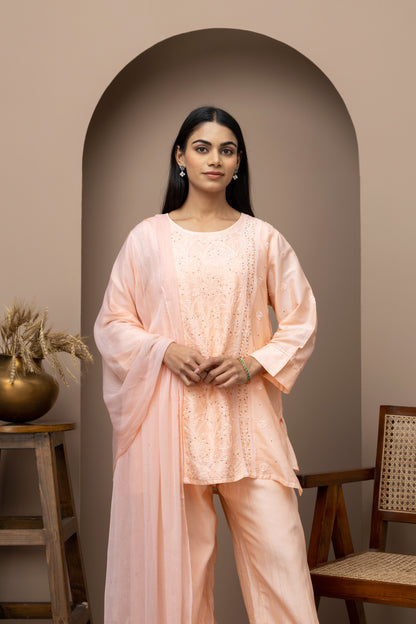 Peach Chanderi silk kurti+pant