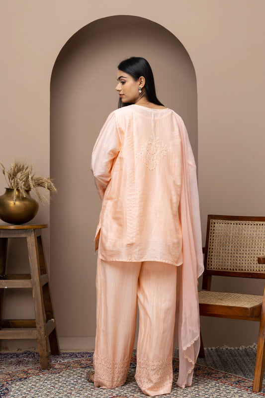 Peach Chanderi Silk Kurti with Pant – Subtle Festive Elegance