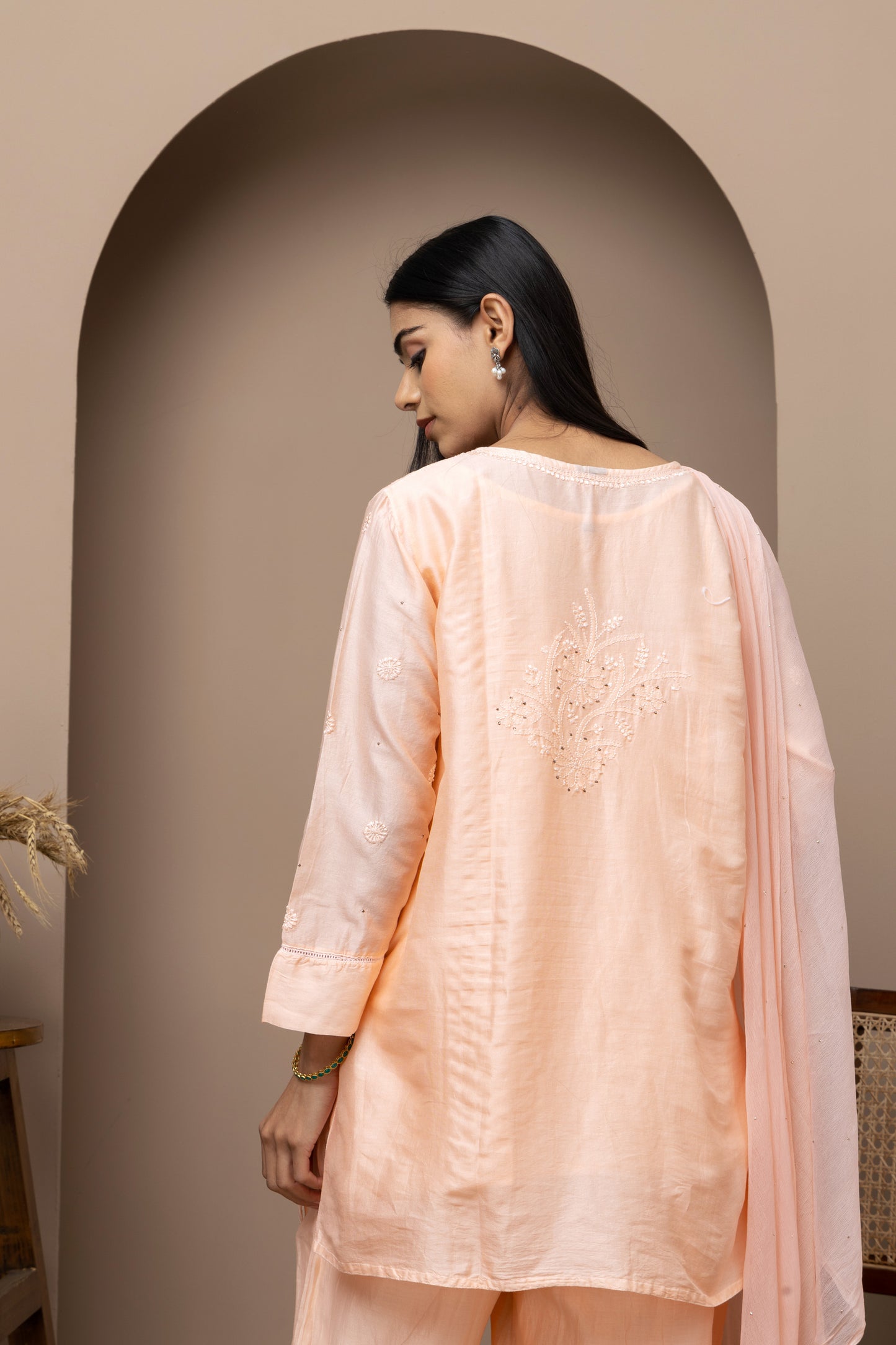 Peach Chanderi silk kurti+pant