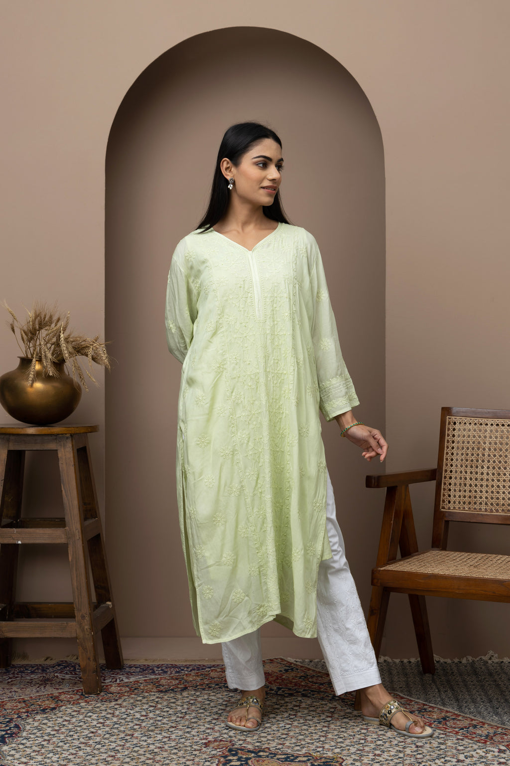 Green Mul Cotton Kurti with Jaali Work – Lightweight & Elegant