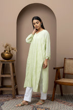 Green Mul Cotton Kurti with Jaali Work – Lightweight & Elegant