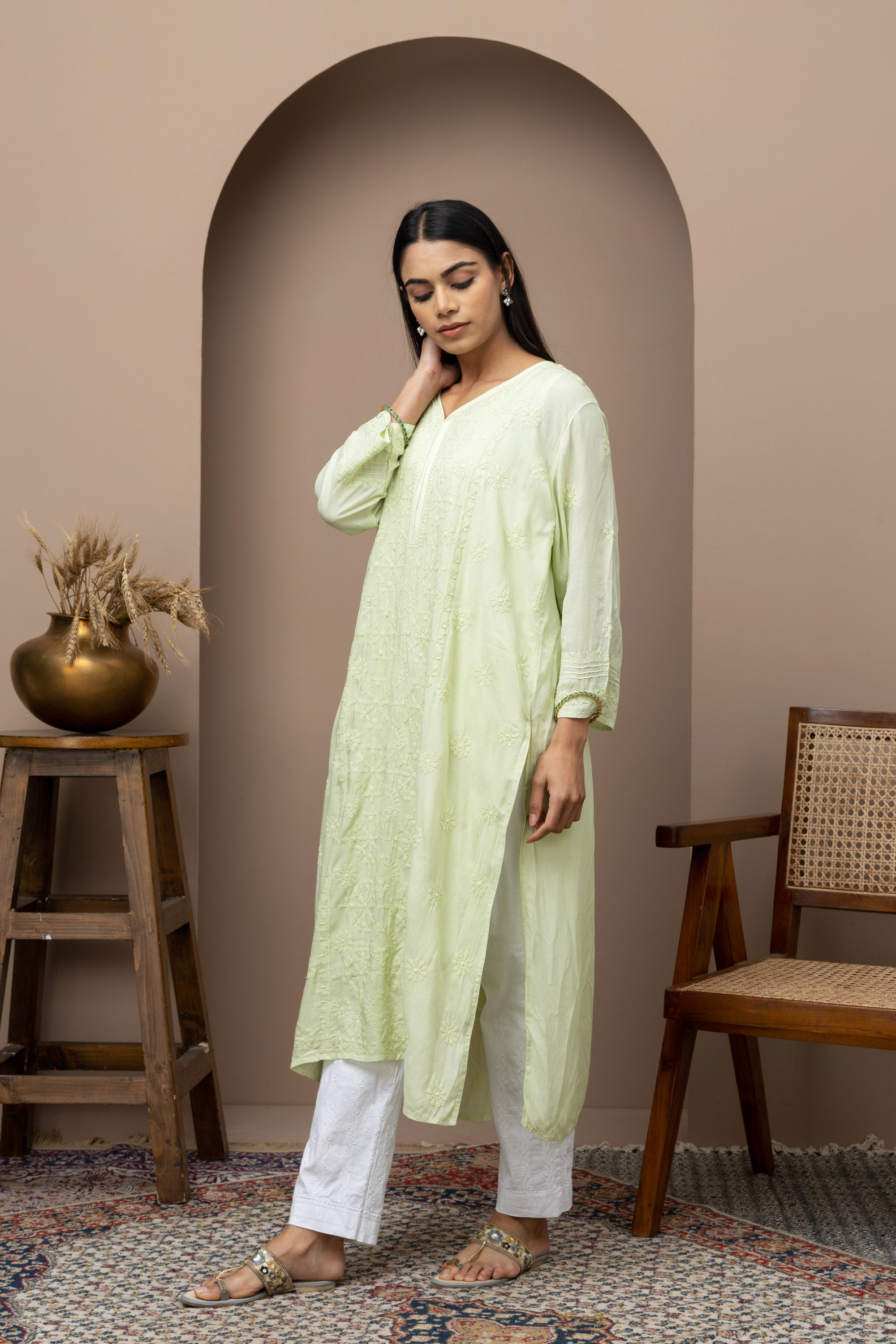 Green Mul Cotton Kurti with Jaali Work – Lightweight & Elegant