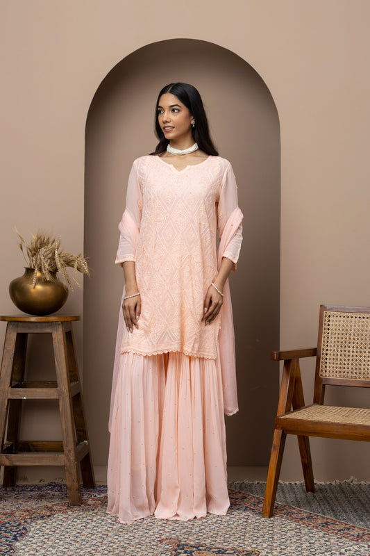 georgette peeach  sharara dress+mukaish work+chikankari