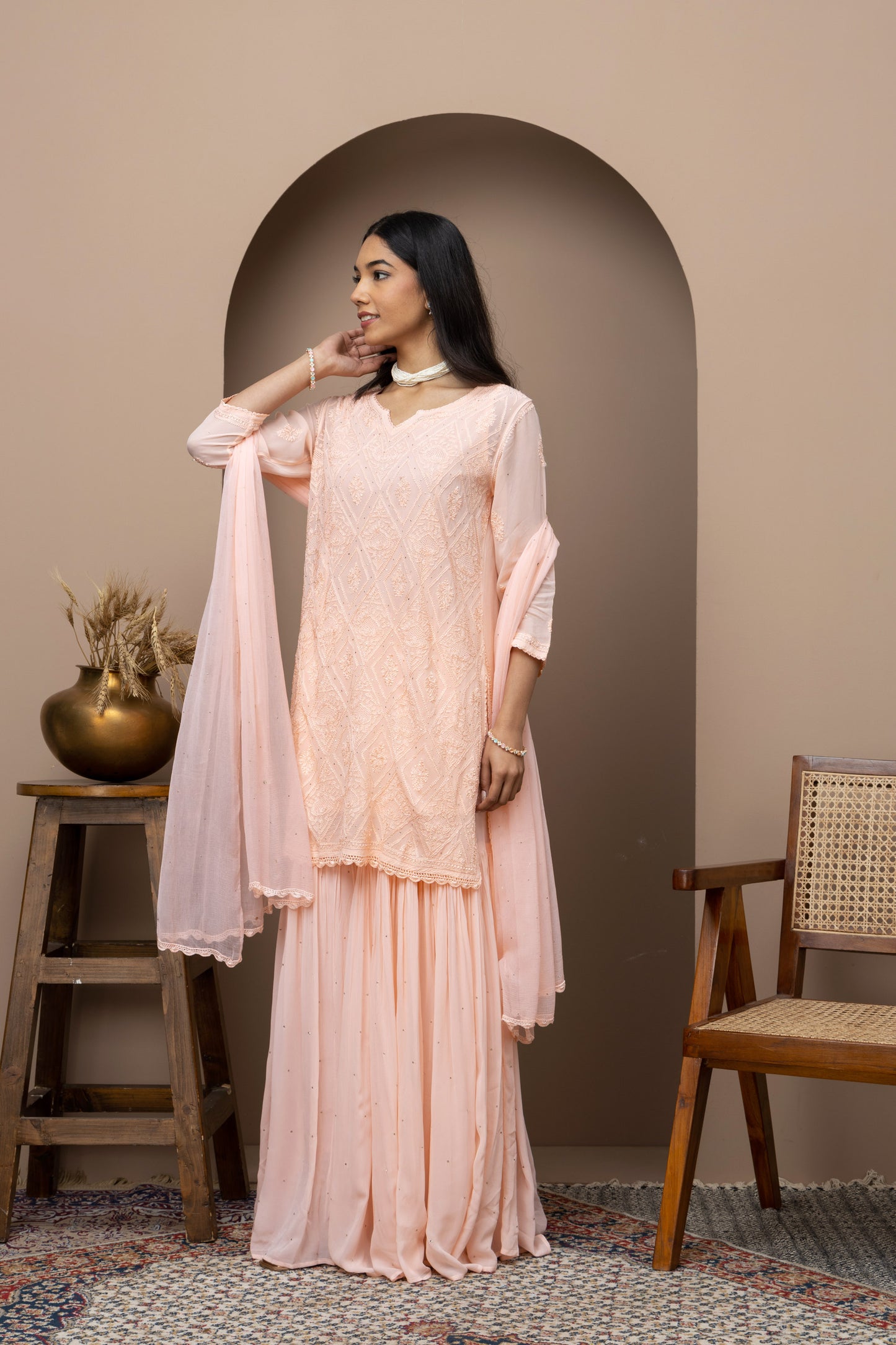georgette peeach  sharara dress+mukaish work+chikankari