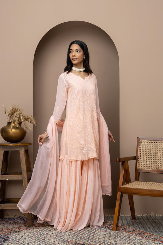 Georgette peach  fullsuit+mukaish+chikankari