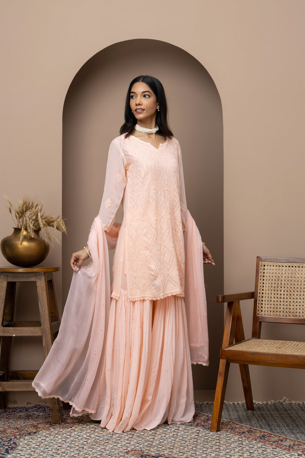 Peach Georgette Sharara Dress with Mukaish & Chikankari – Festive Grace
