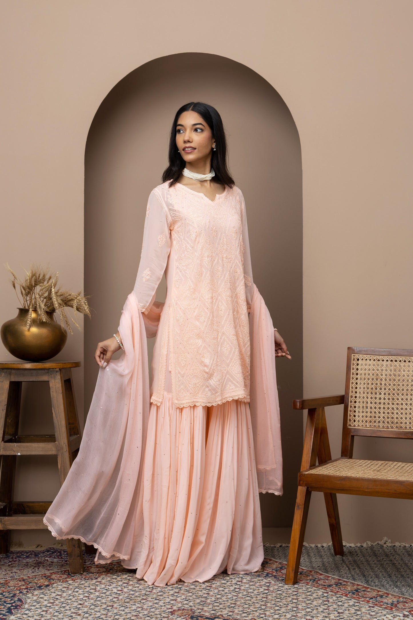 georgette peeach  sharara dress+mukaish work+chikankari