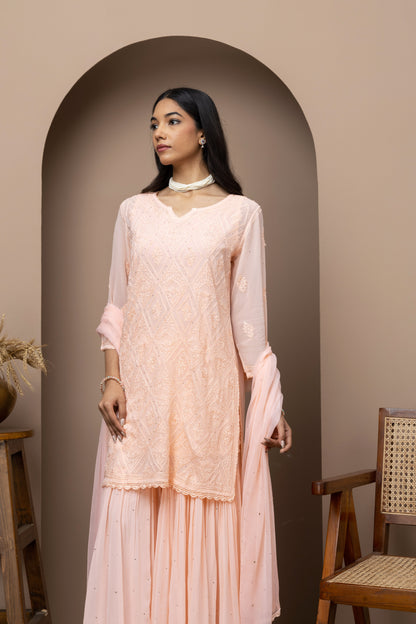 georgette peeach  sharara dress+mukaish work+chikankari