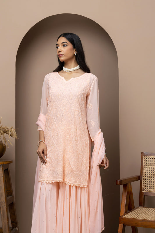 georgette peeach  sharara dress+mukaish work+chikankari