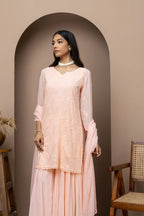 Blue Georgette Stitched Sharara Dress with Mukaish & Chikankari – Festive Elegance