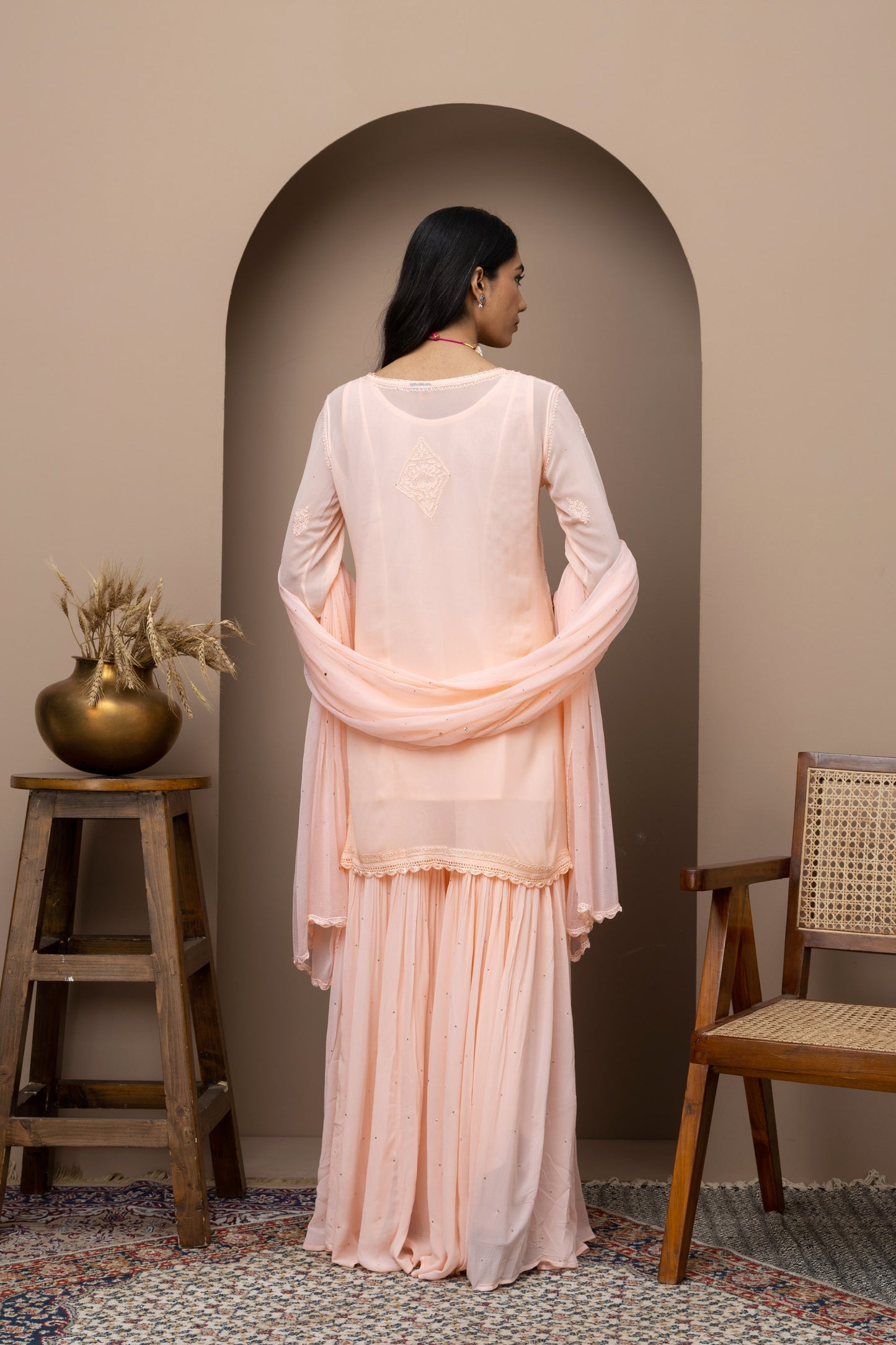 Georgette peach  fullsuit+mukaish+chikankari