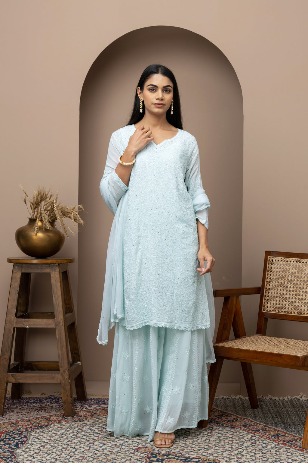 Blue Georgette Stitched Sharara Dress with Mukaish & Chikankari – Festive Elegance