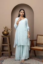 Blue Georgette Stitched Sharara Dress with Mukaish & Chikankari – Festive Elegance