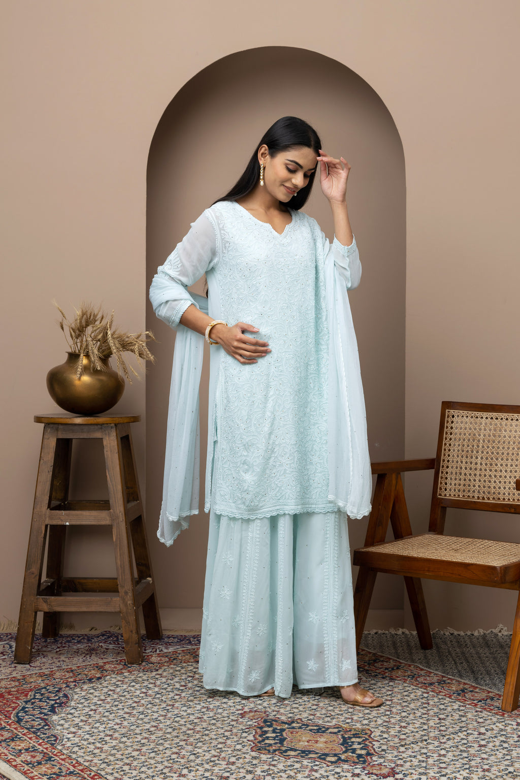 Blue Georgette Stitched Sharara Dress with Mukaish & Chikankari – Festive Elegance