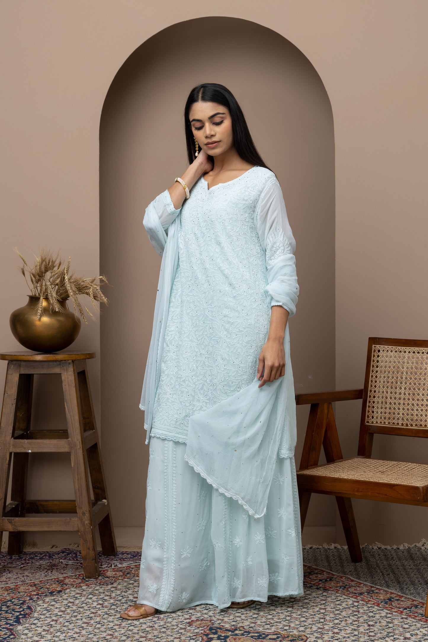 Georget blue fullsuit+mukaish+chikankari