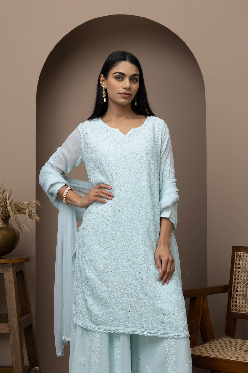 Blue Georgette Stitched Sharara Dress with Mukaish & Chikankari – Festive Elegance