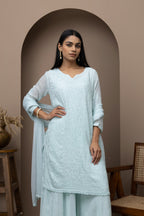 Blue Georgette Stitched Sharara Dress with Mukaish & Chikankari – Festive Elegance