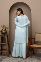 Blue Georgette Stitched Sharara Dress with Mukaish & Chikankari – Festive Elegance