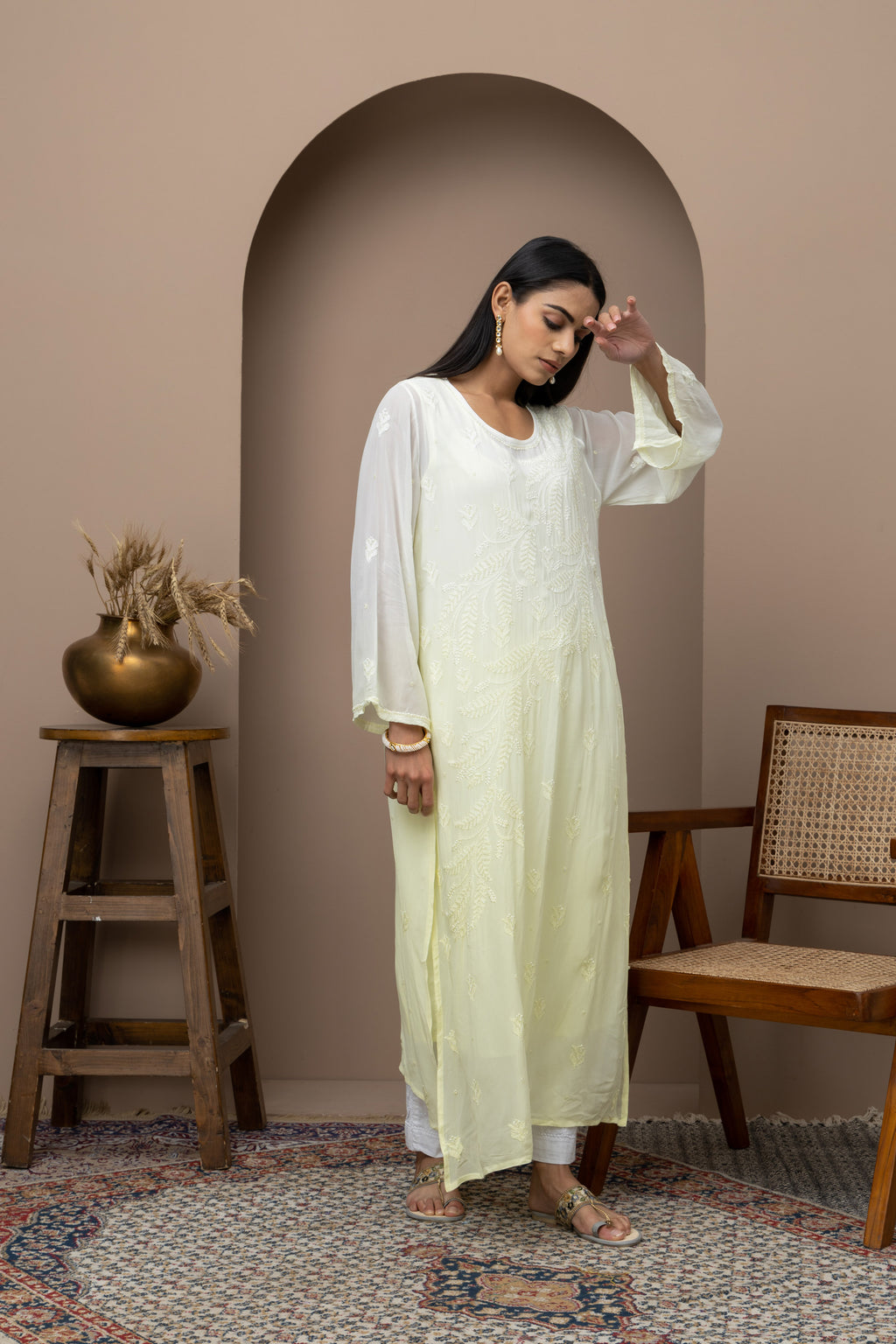 Lemon Yellow Georgette Ombre Kurti with Chikankari & Sequins – Elegant & Flowing