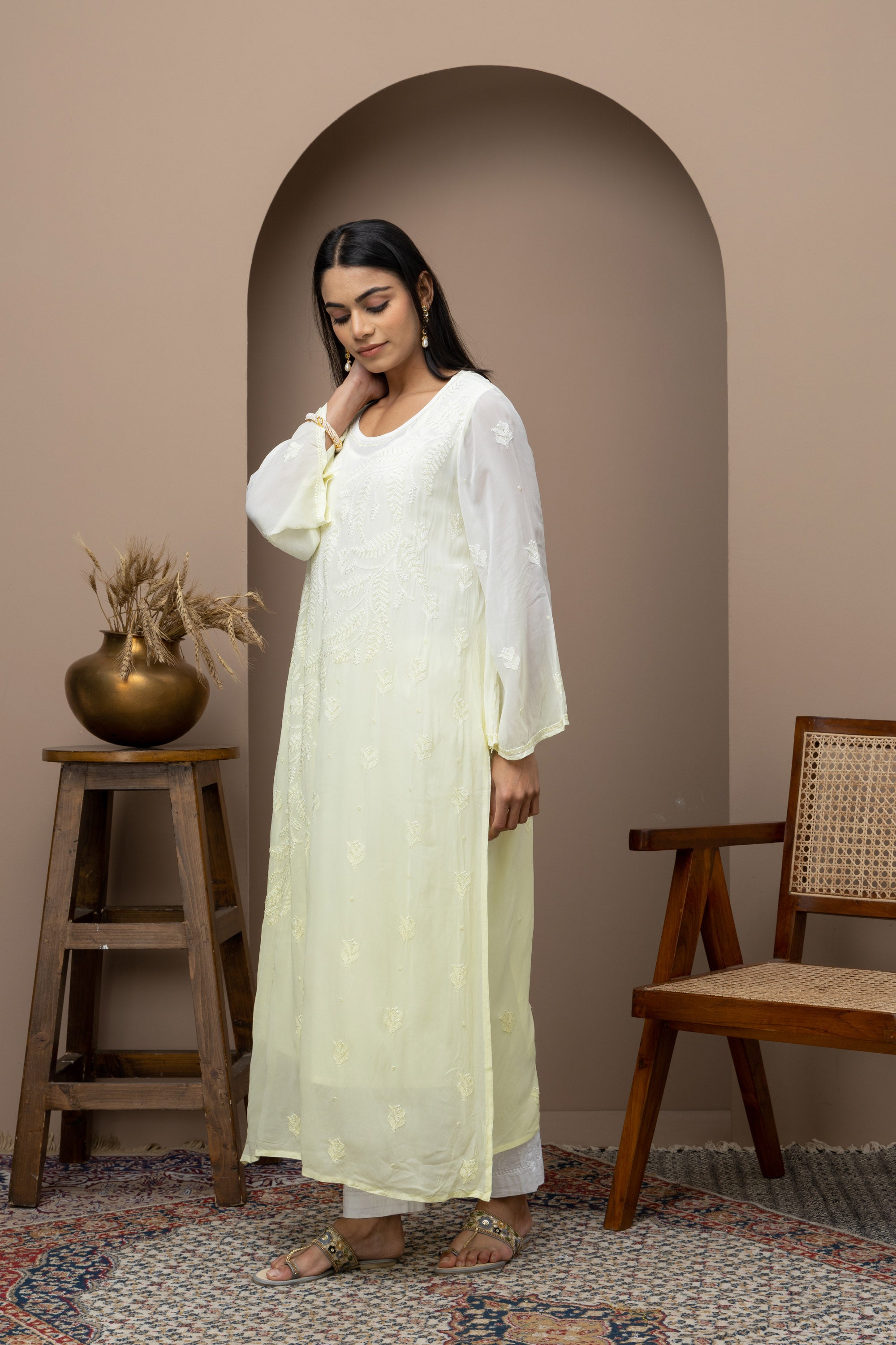 Lemon Yellow Georgette Ombre Kurti with Chikankari & Sequins – Elegant & Flowing