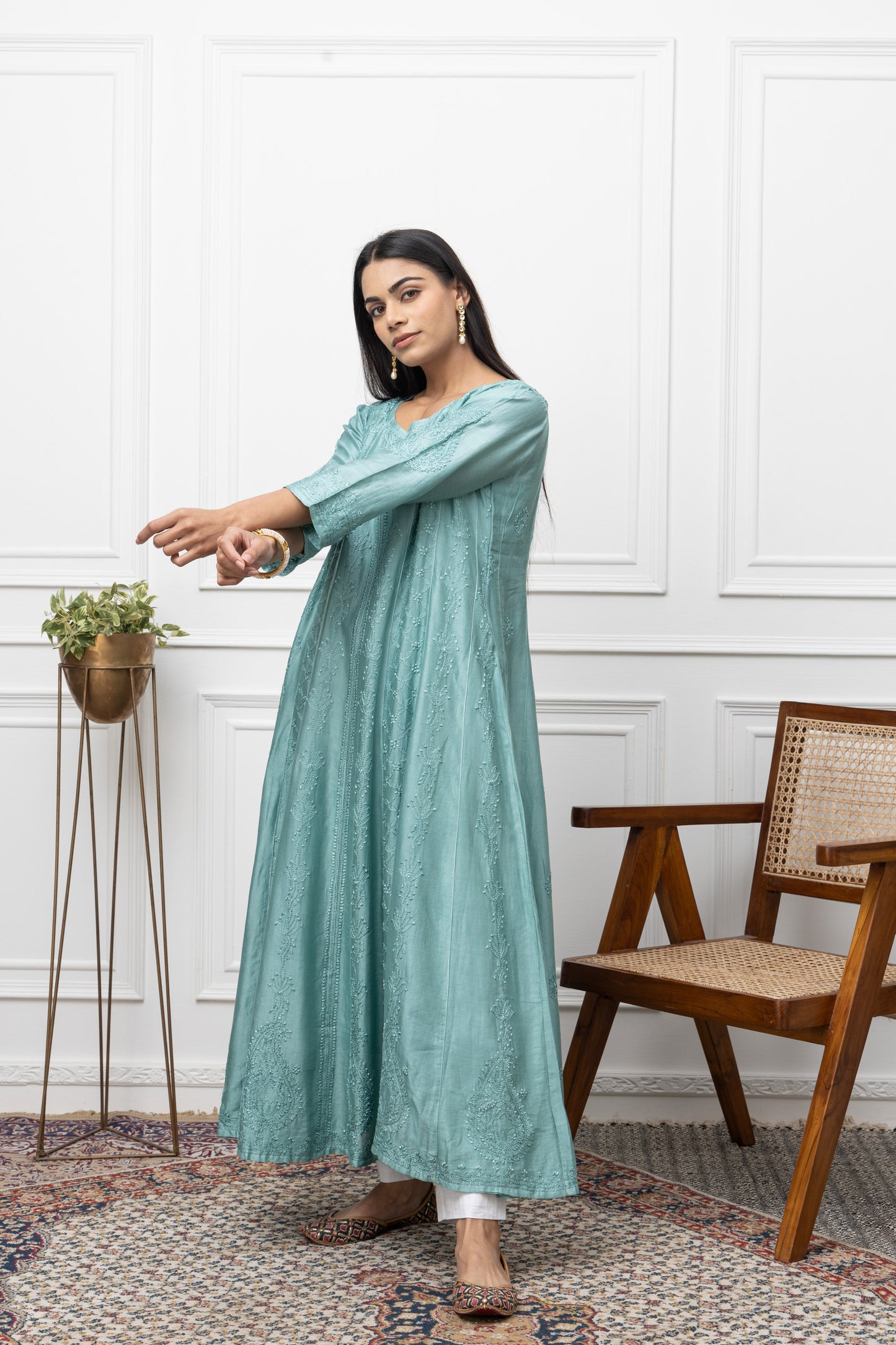 Chanderi Green Anarkali