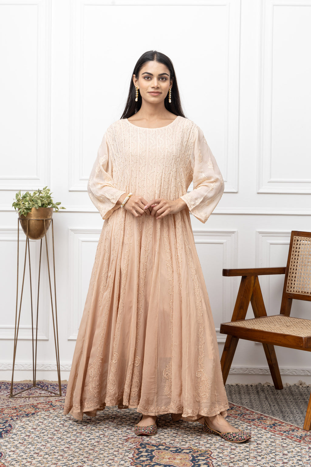 Beige Double-Shade Georgette Chikankari Anarkali – Understated Festive Elegance