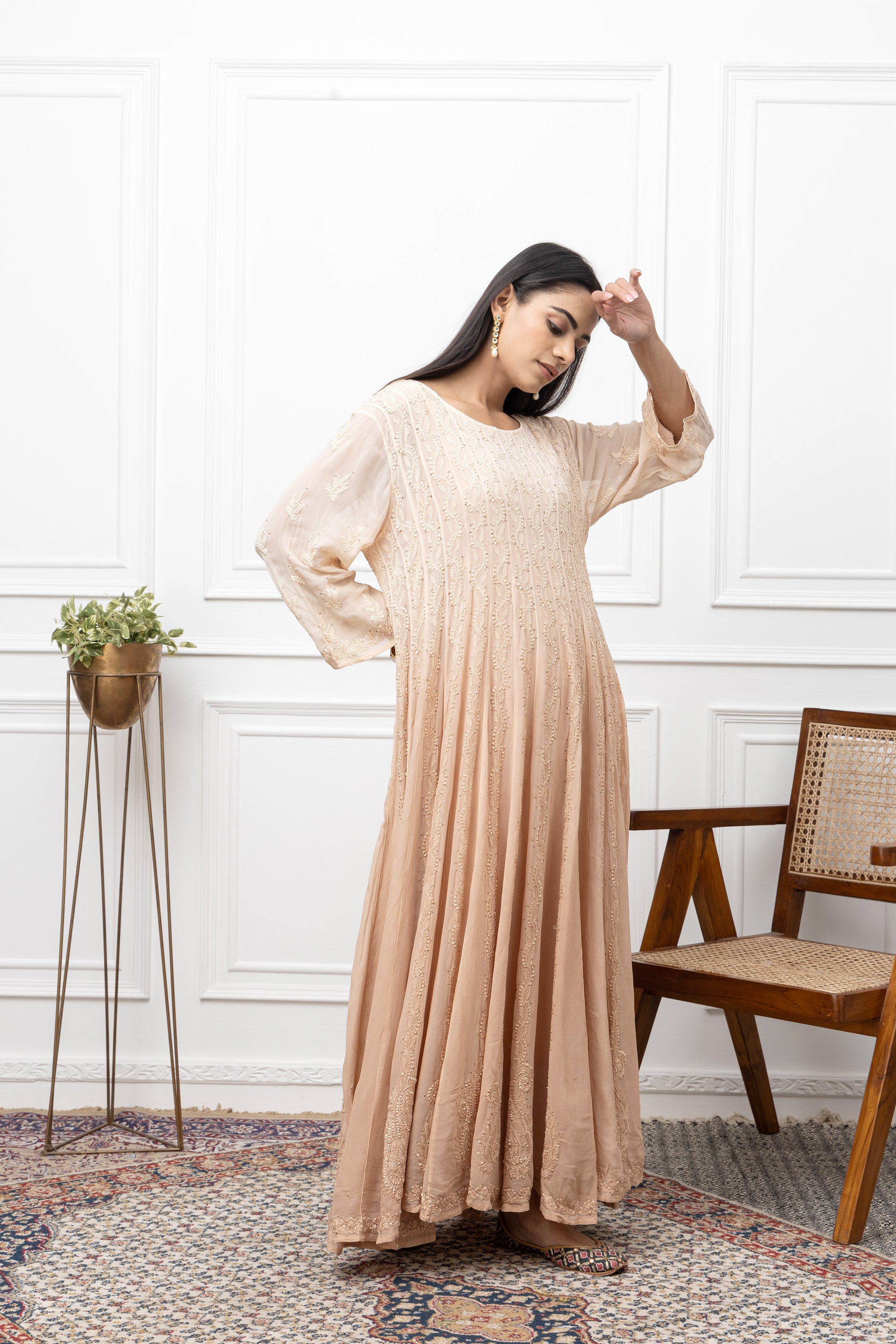 Beige Double-Shade Georgette Chikankari Anarkali – Understated Festive Elegance