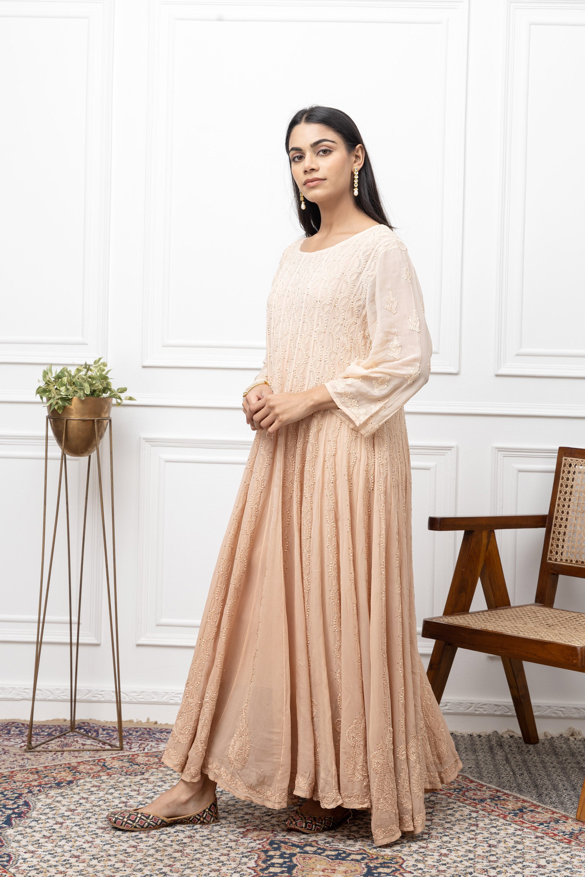 Beige Double-Shade Georgette Chikankari Anarkali – Understated Festive Elegance