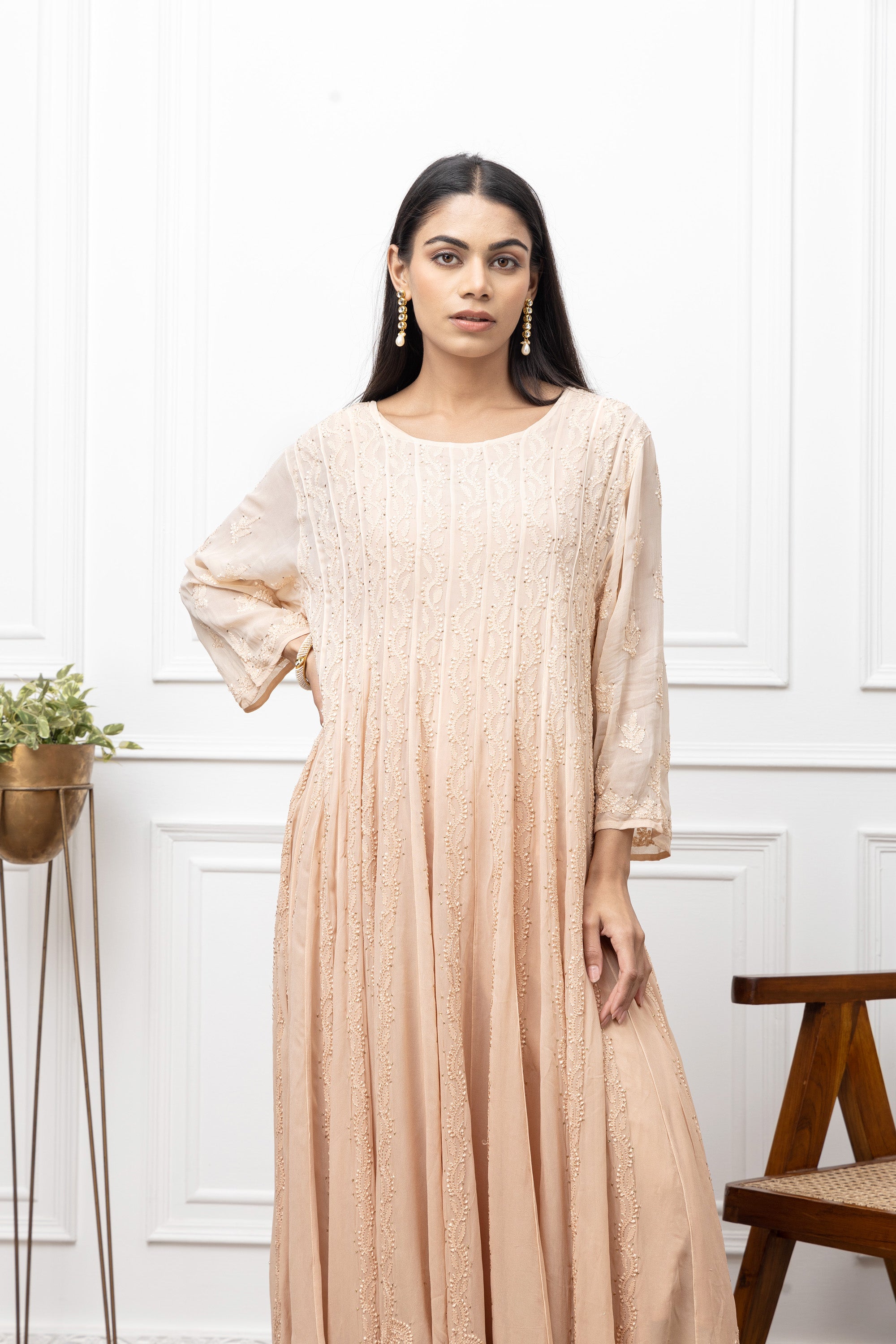 Beige Double-Shade Georgette Chikankari Anarkali – Understated Festive Elegance
