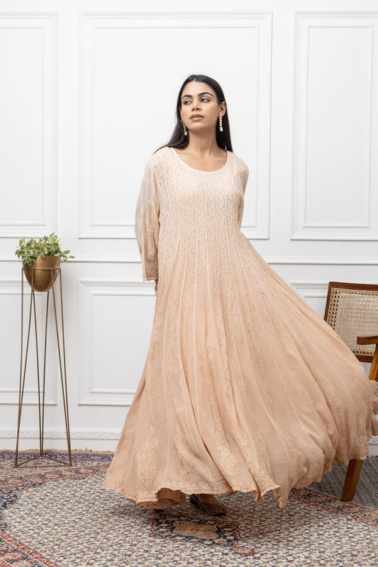 Peach Chanderi Chikankari Anarkali – Soft Festive Elegance