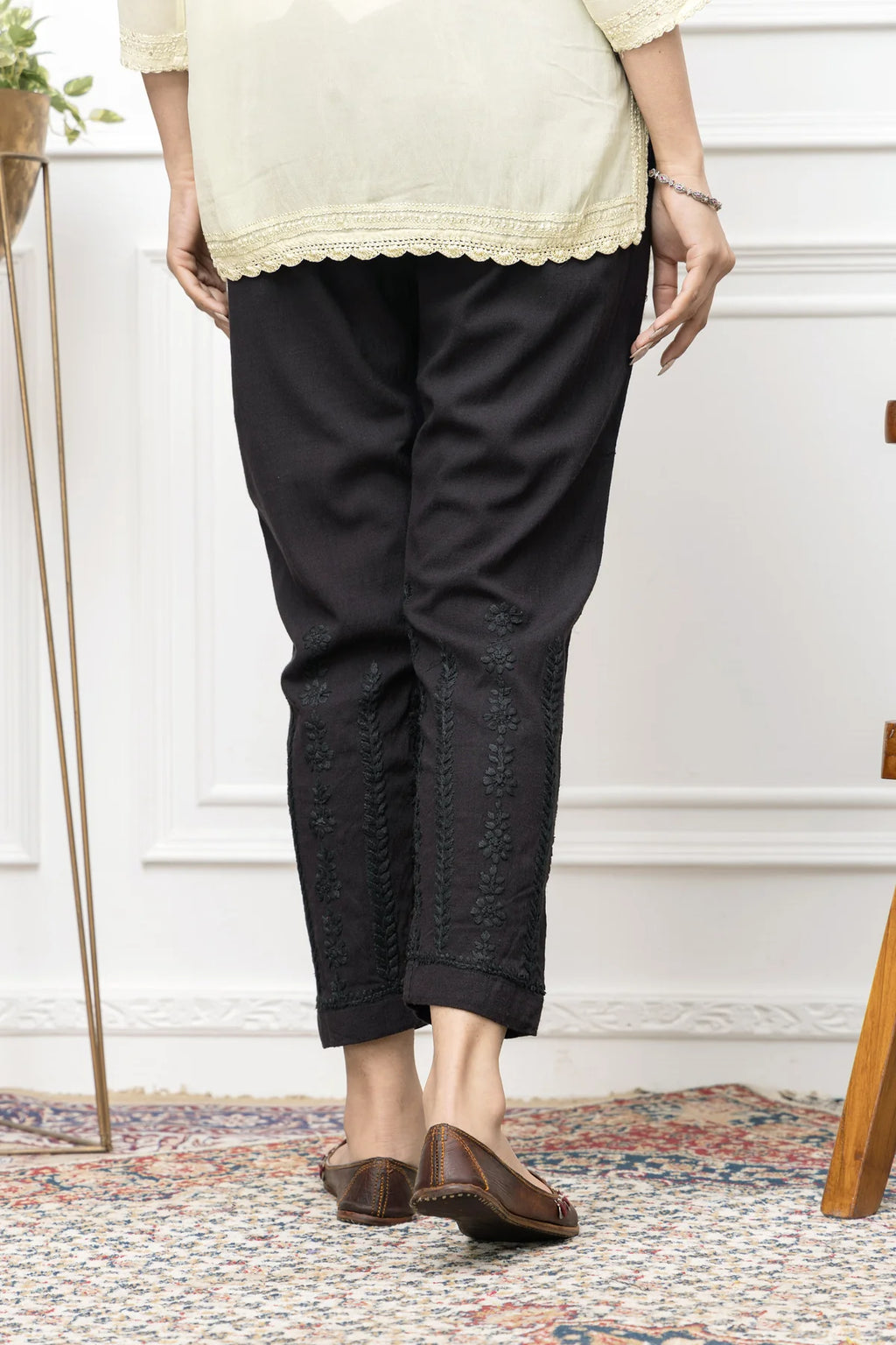 White Straight Chikankari Pants – Handcrafted Cotton Bottom Wear