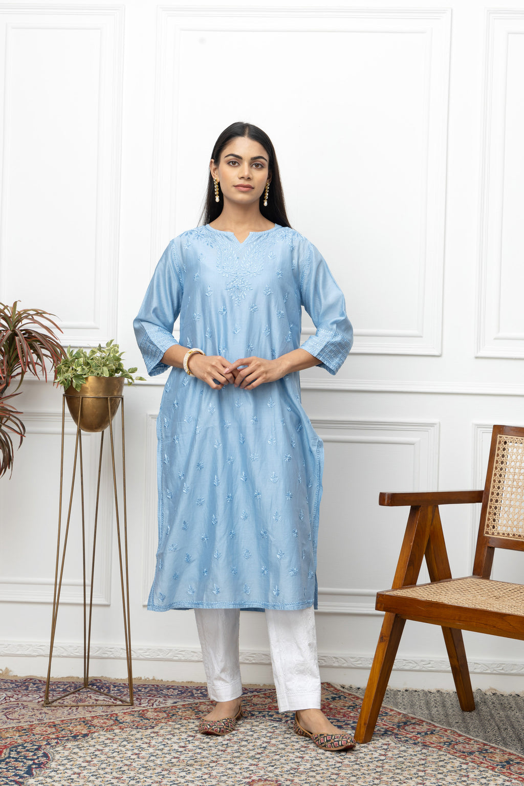 Blue Chanderi Silk Chikankari Kurti – Elegant Heritage