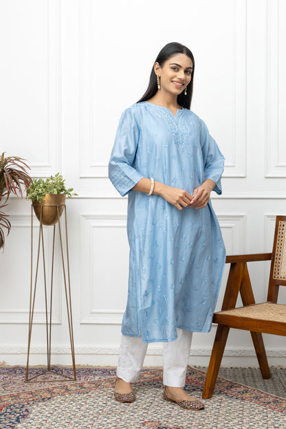 Blue chanderi silk kurti+chikankari