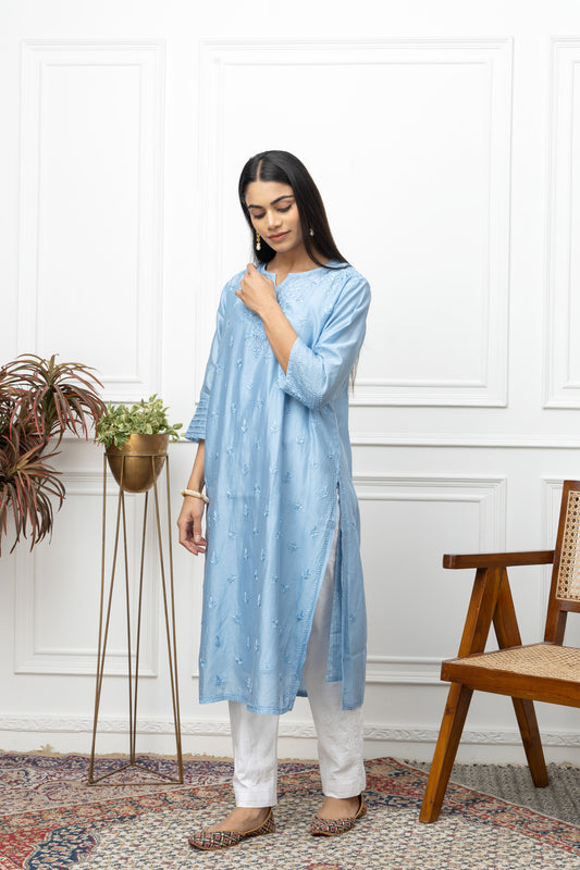 Blue chanderi silk kurti+chikankari