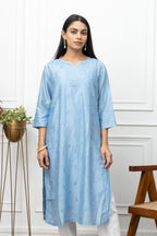Blue Chanderi Silk Chikankari Kurti – Elegant Heritage