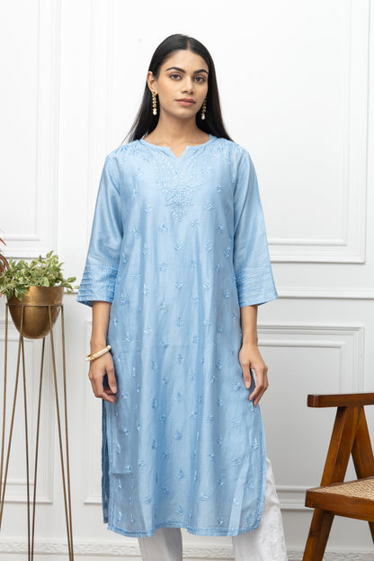 Blue chanderi silk kurti+chikankari 44