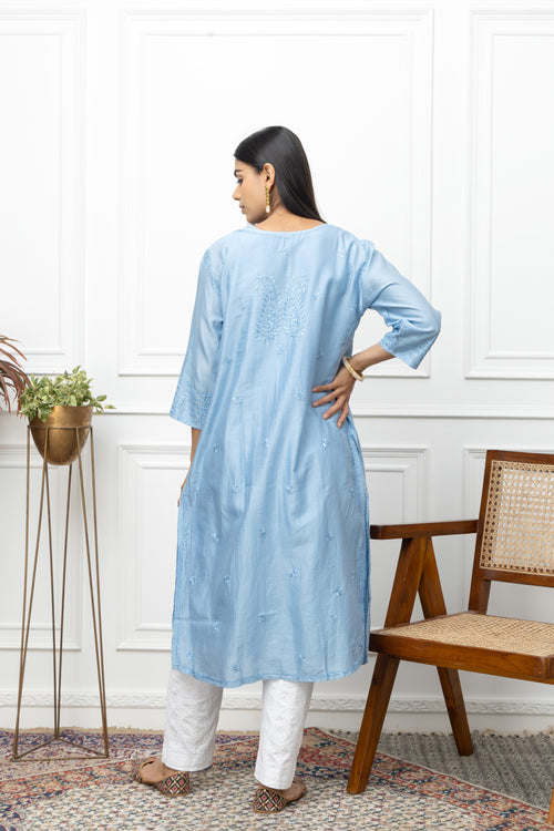 Blue Chanderi Silk Chikankari Kurti