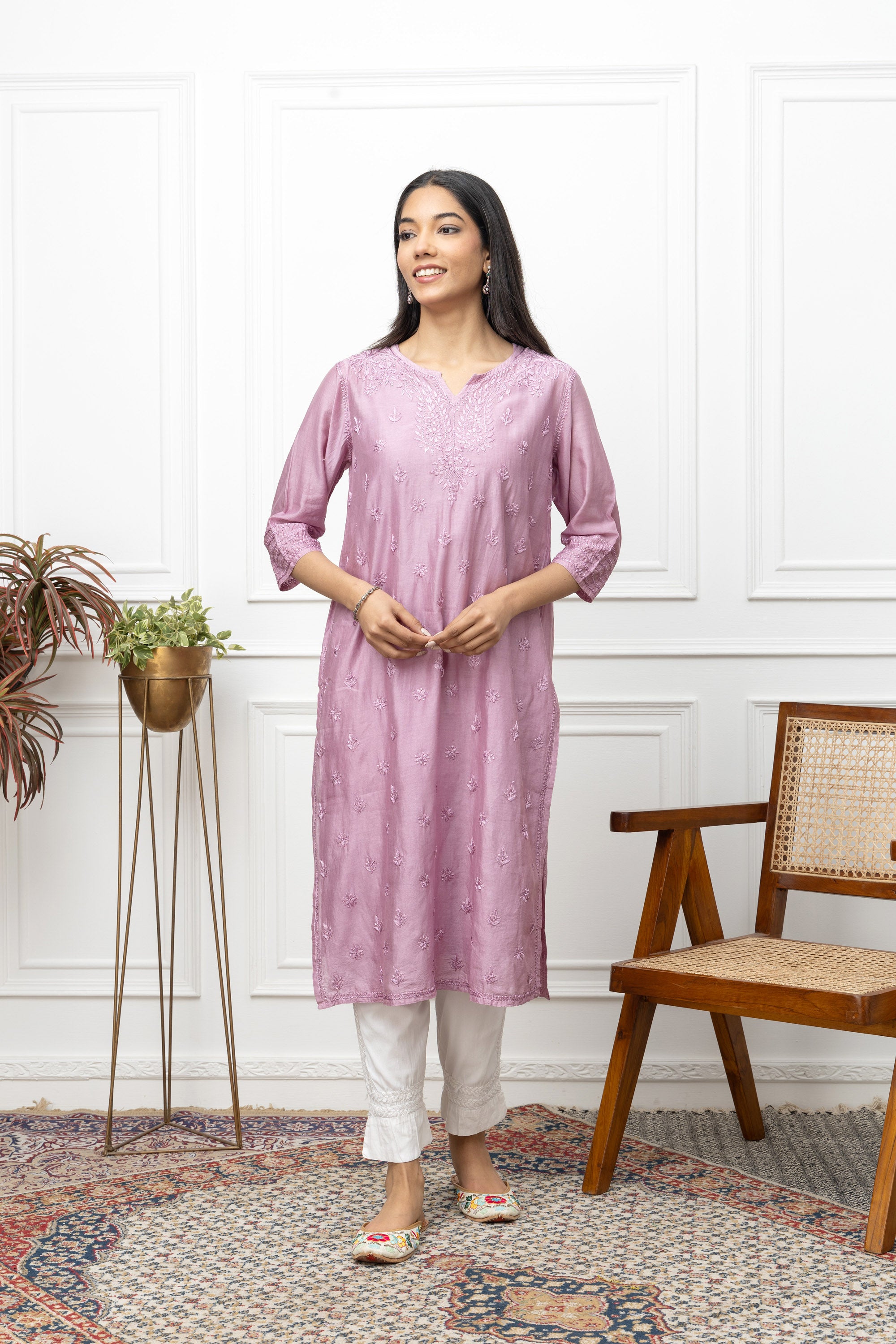 Violet Chanderi Silk Kurti with Chikankari – Elegant Handcrafted Design