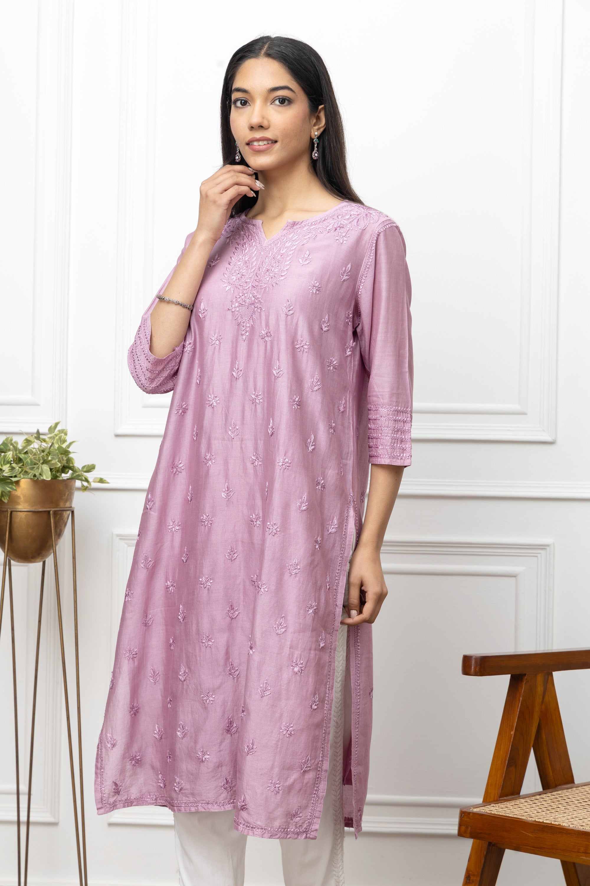Violet Chanderi Silk Kurti with Chikankari – Elegant Handcrafted Design