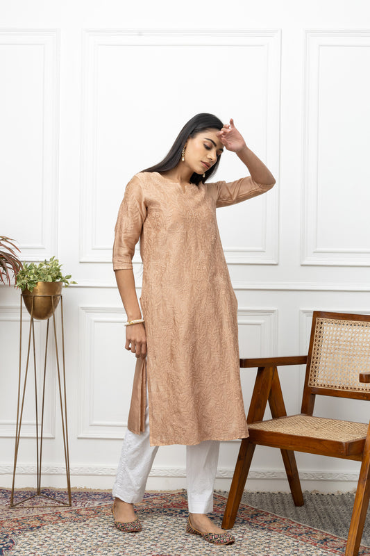brownish lotus kurti+chikankari