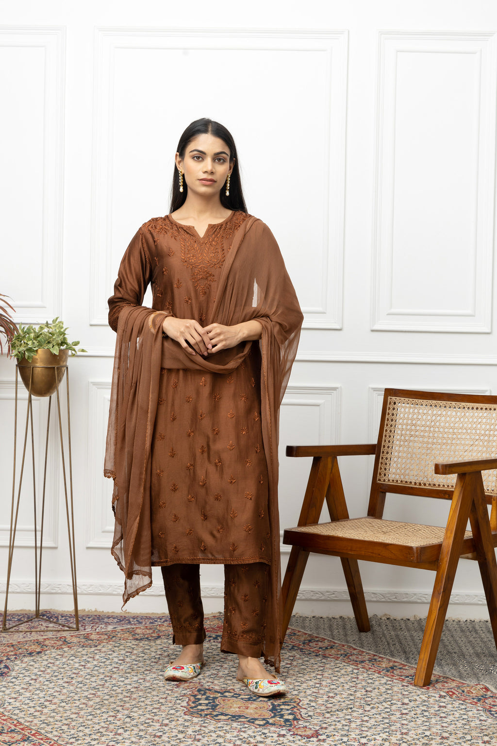 Elegant Brown Chanderi Chikankari Full Suit Set