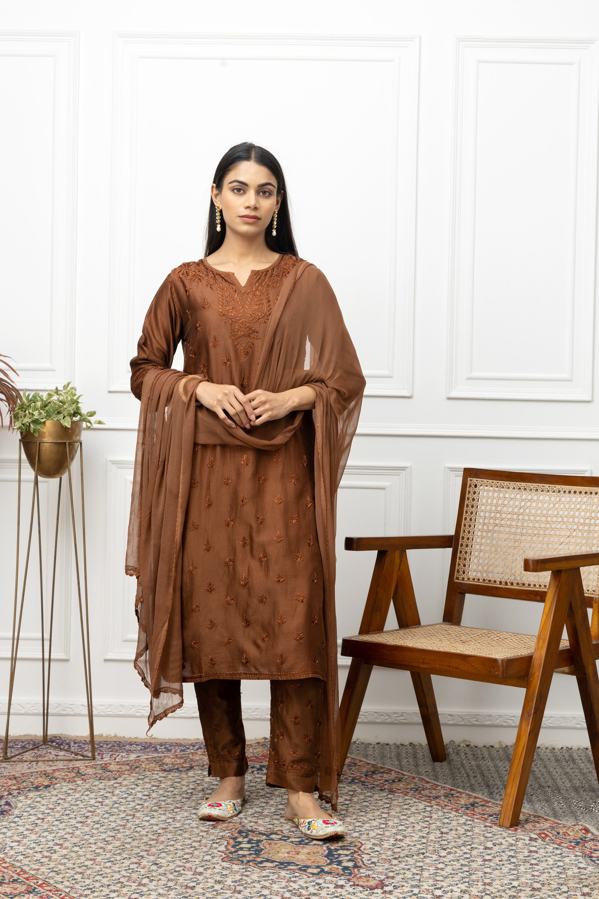 Elegant Brown Chanderi Chikankari Full Suit Set – Ethnic Designer Kurta with DupattaElegant Brown Chanderi Chikankari Full Suit Set – Ethnic Designer Kurta with Dupatta