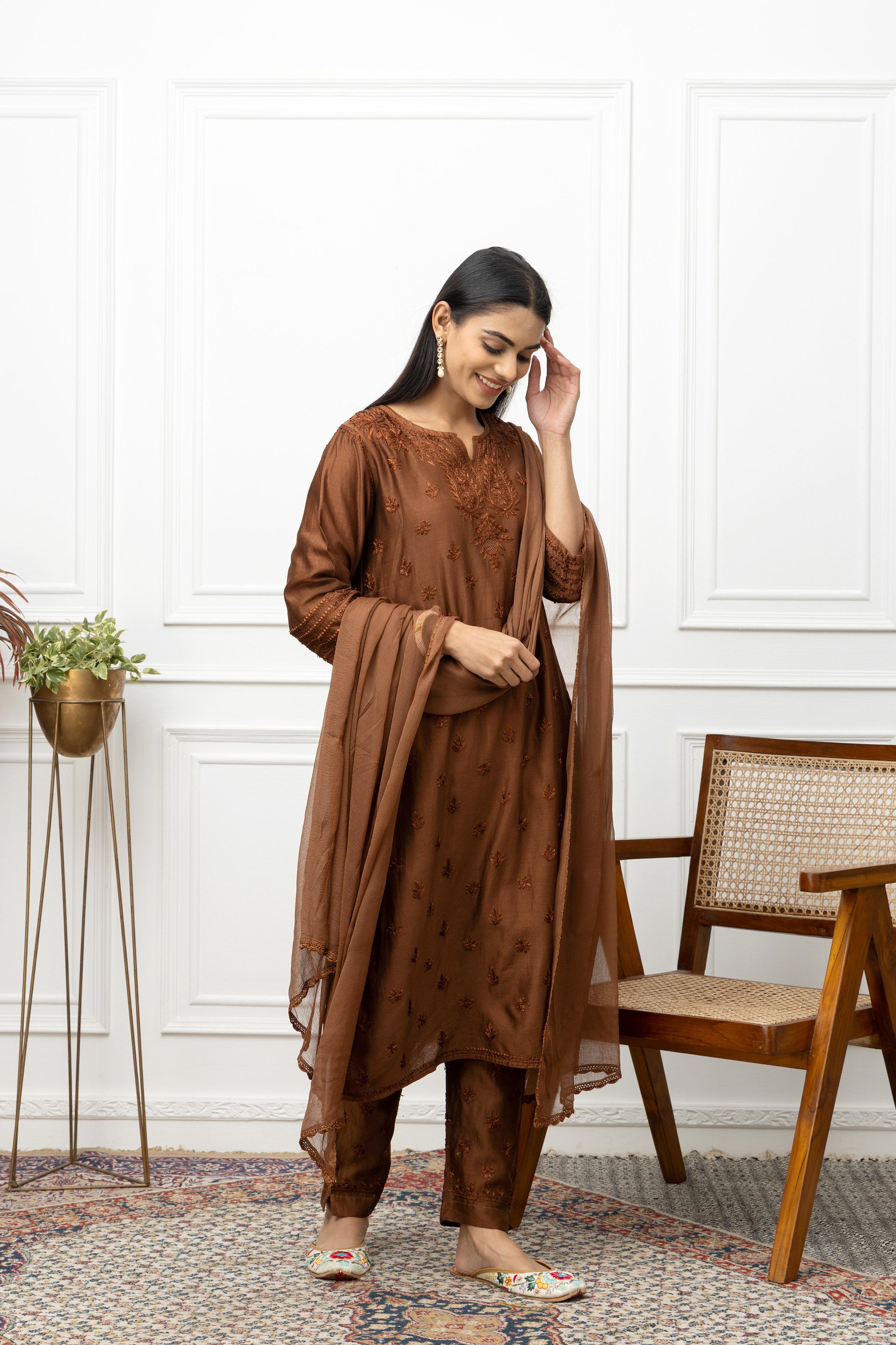 Elegant Brown Chanderi Chikankari Full Suit Set – Ethnic Designer Kurta with DupattaElegant Brown Chanderi Chikankari Full Suit Set – Ethnic Designer Kurta with Dupatta